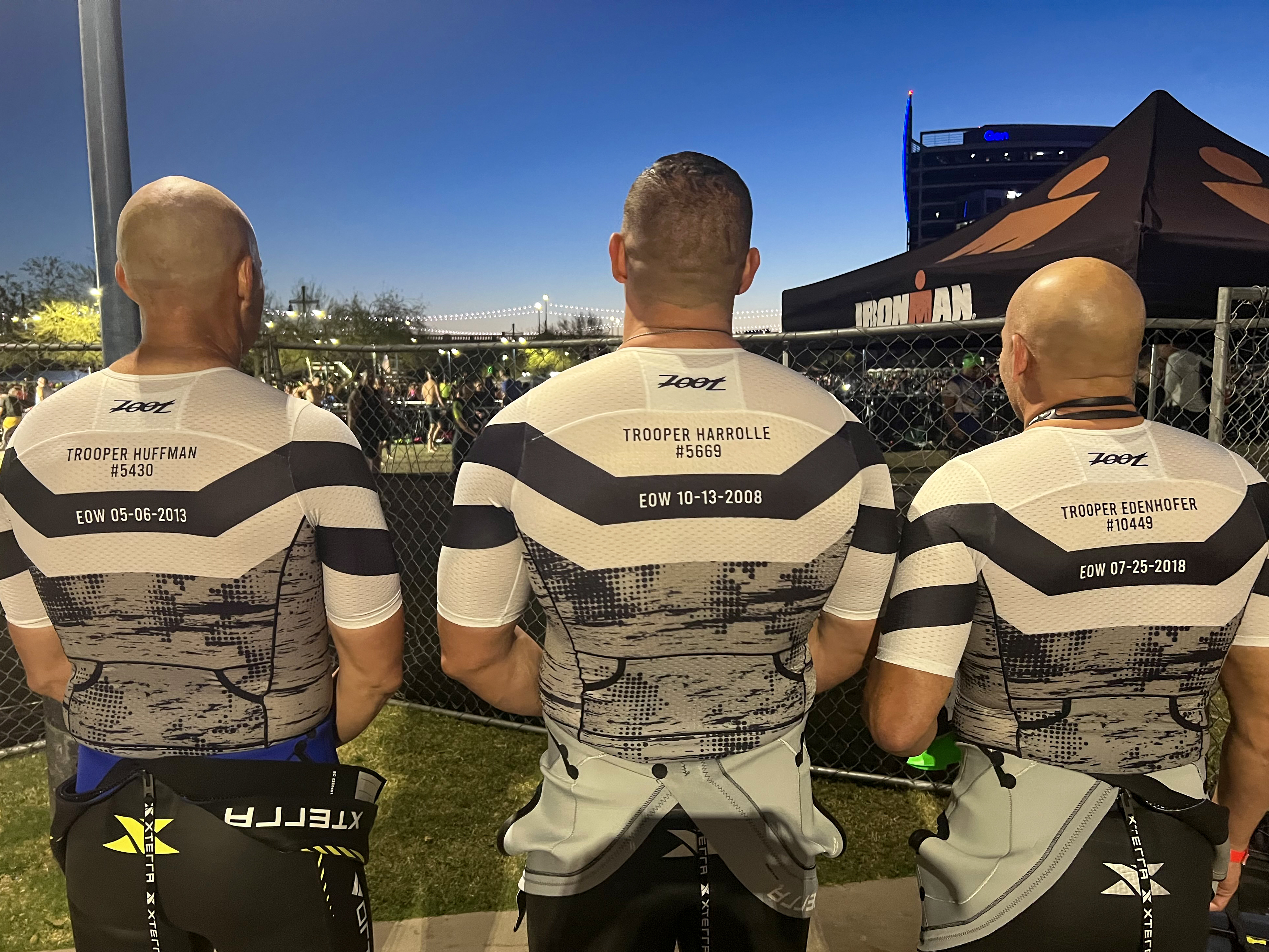 Sergeant Christie, Sergeant Covert and Sergeant Coughlin show the names of fallen AZDPS heroes on the back of their Ironman jerseys
