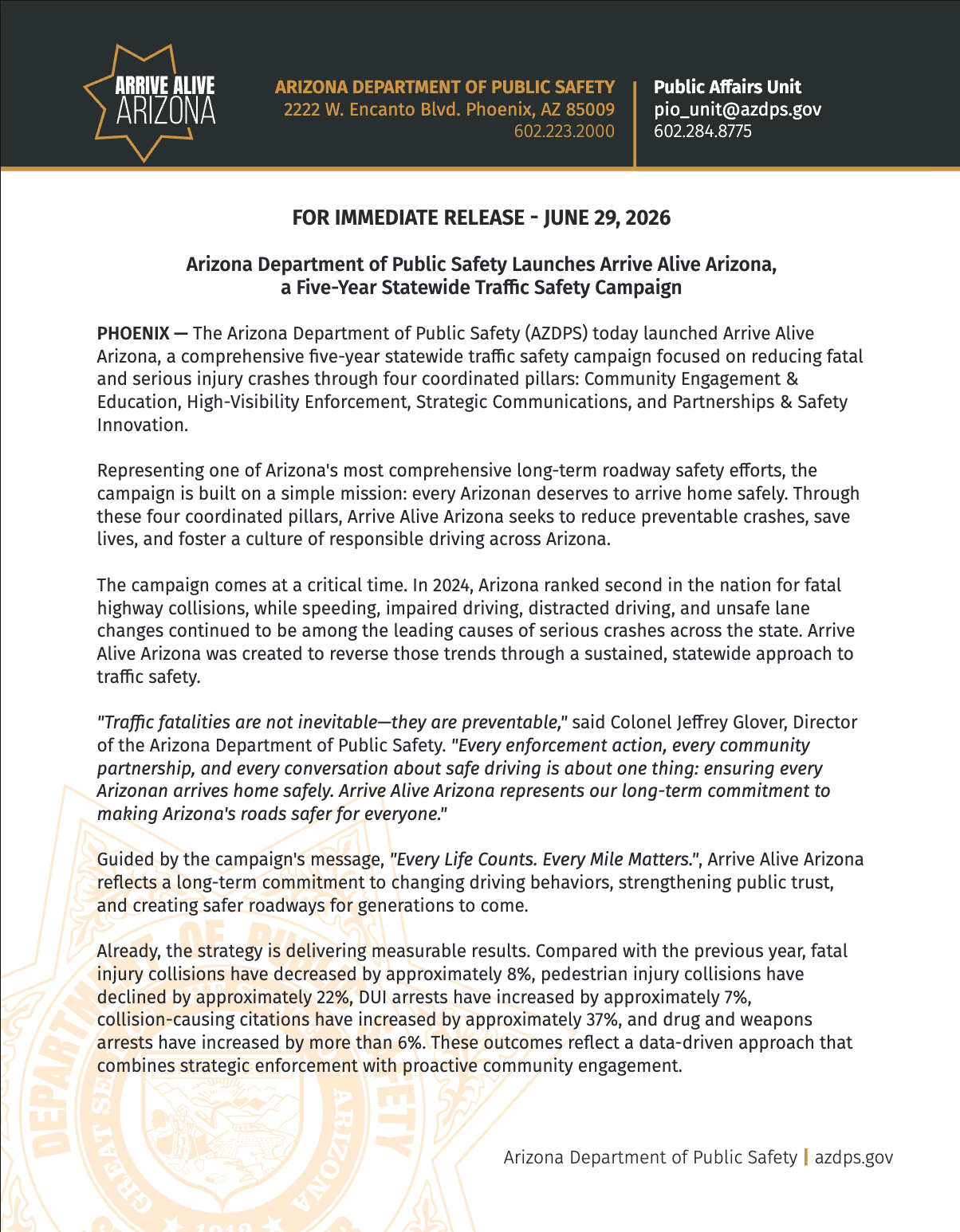 Arrive Alive Press Release