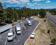 A drone view of Operation International Roadcheck along a highway in Northern Arizona